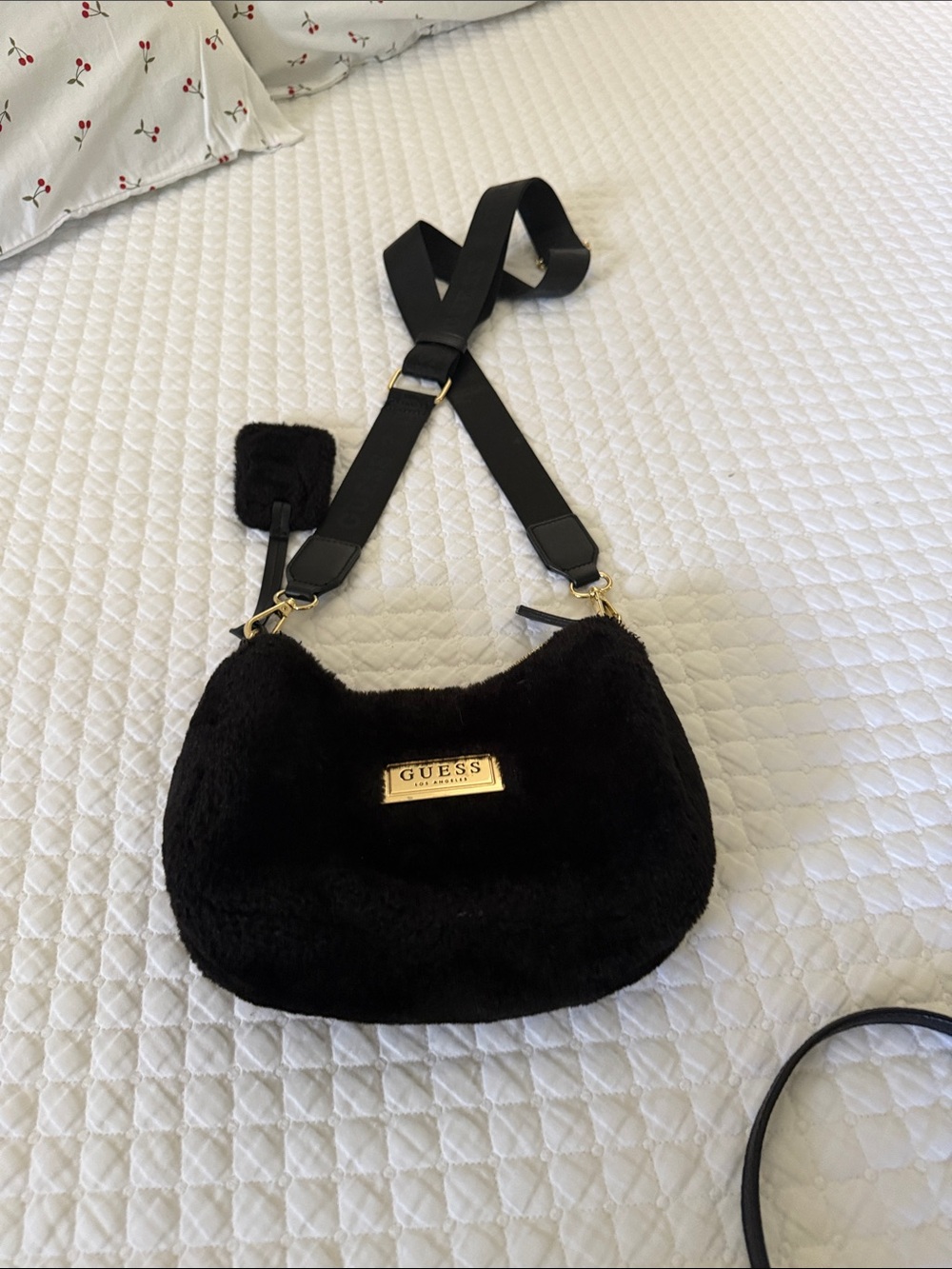 GUESS Black Faux-Fur Shoulder Bag with Gold Logo Plate